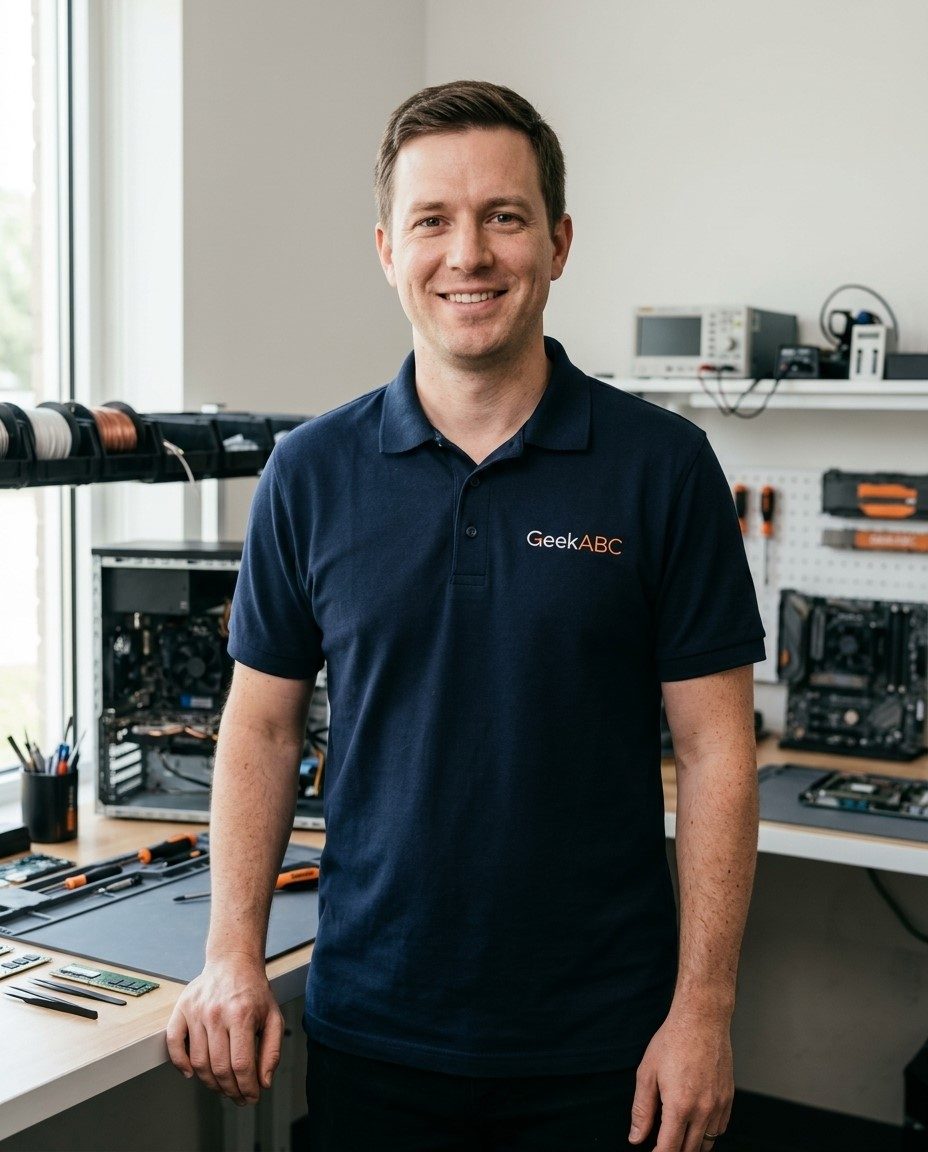 A GeekABC technician in a navy GeekABC polo shirt standing in the workshop beside a bench of computer parts and tools.