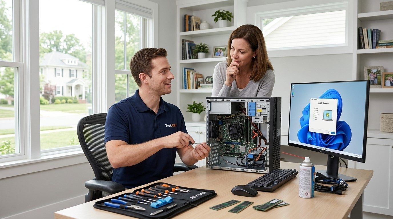 A GeekABC technician seated at a desk explaining an opened desktop computer to a customer, with tools and memory modules laid out.