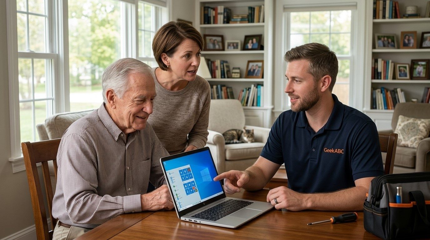 A GeekABC technician showing a laptop to an older father and his adult daughter in the family living room.