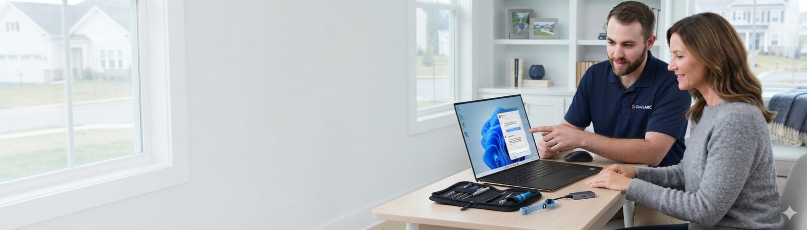 A GeekABC technician in a navy polo shirt showing a customer something on her laptop at her dining table, with a service tool roll open beside them.