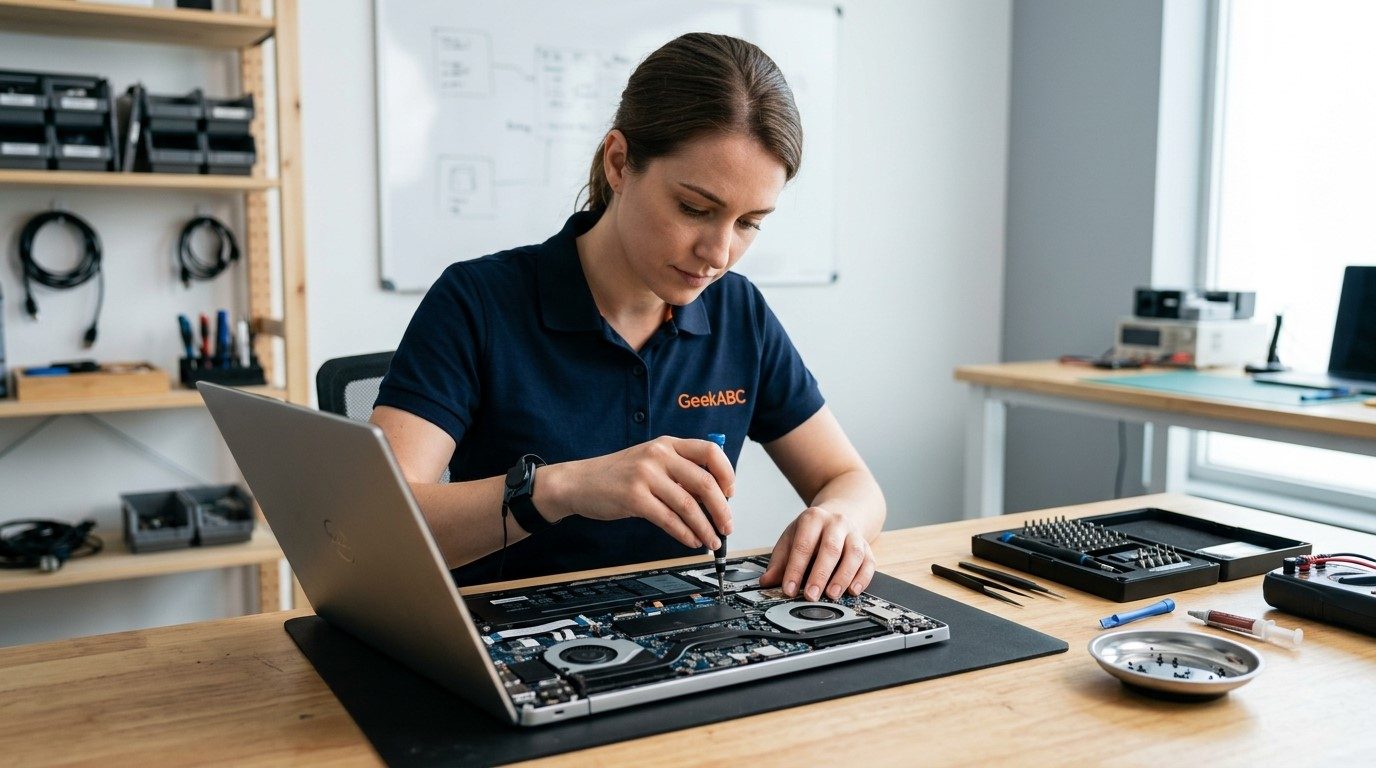 A GeekABC technician working on an opened laptop at a repair bench, with precision tools laid out beside it.