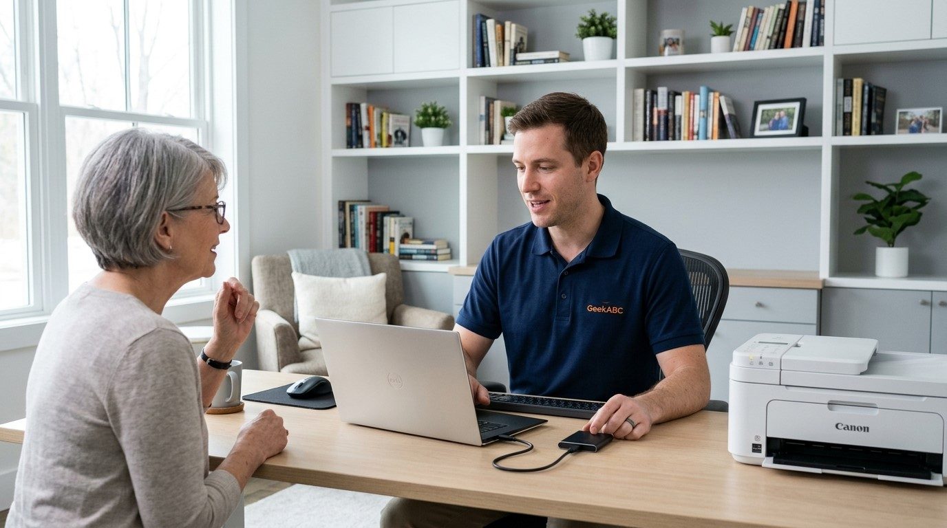 A GeekABC technician setting up a new laptop for an older customer at her dining table, with a newly connected printer beside them.