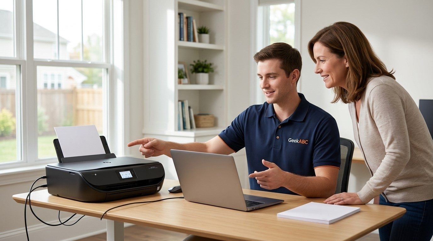 A GeekABC technician setting up a wireless printer beside a laptop while explaining the process to a customer.