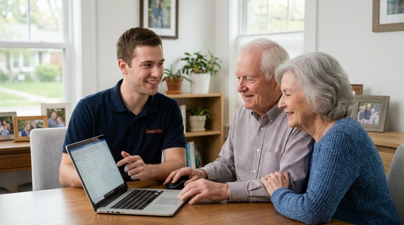 A GeekABC technician holding a laptop and explaining something to a senior husband and wife in their living room.