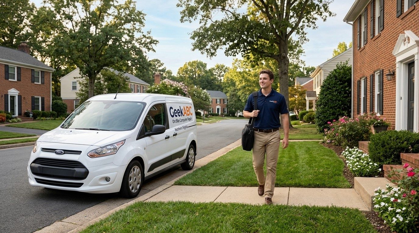 A GeekABC technician walking up a residential street in a Northern Virginia neighborhood after parking the service van.