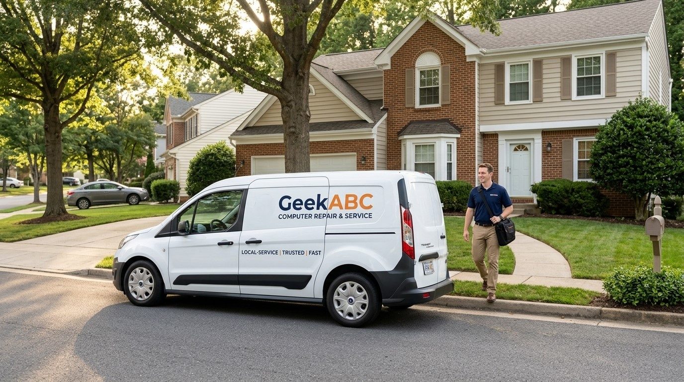 The GeekABC service van parked on a tree-lined Northern Virginia street while a technician walks up to a customer's home.