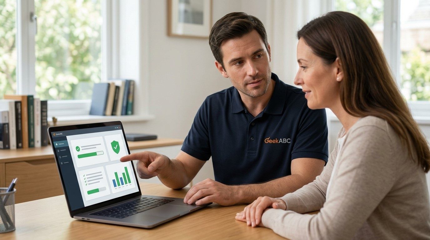 A GeekABC technician calmly explaining a computer security screen on a laptop to a customer at her kitchen table.