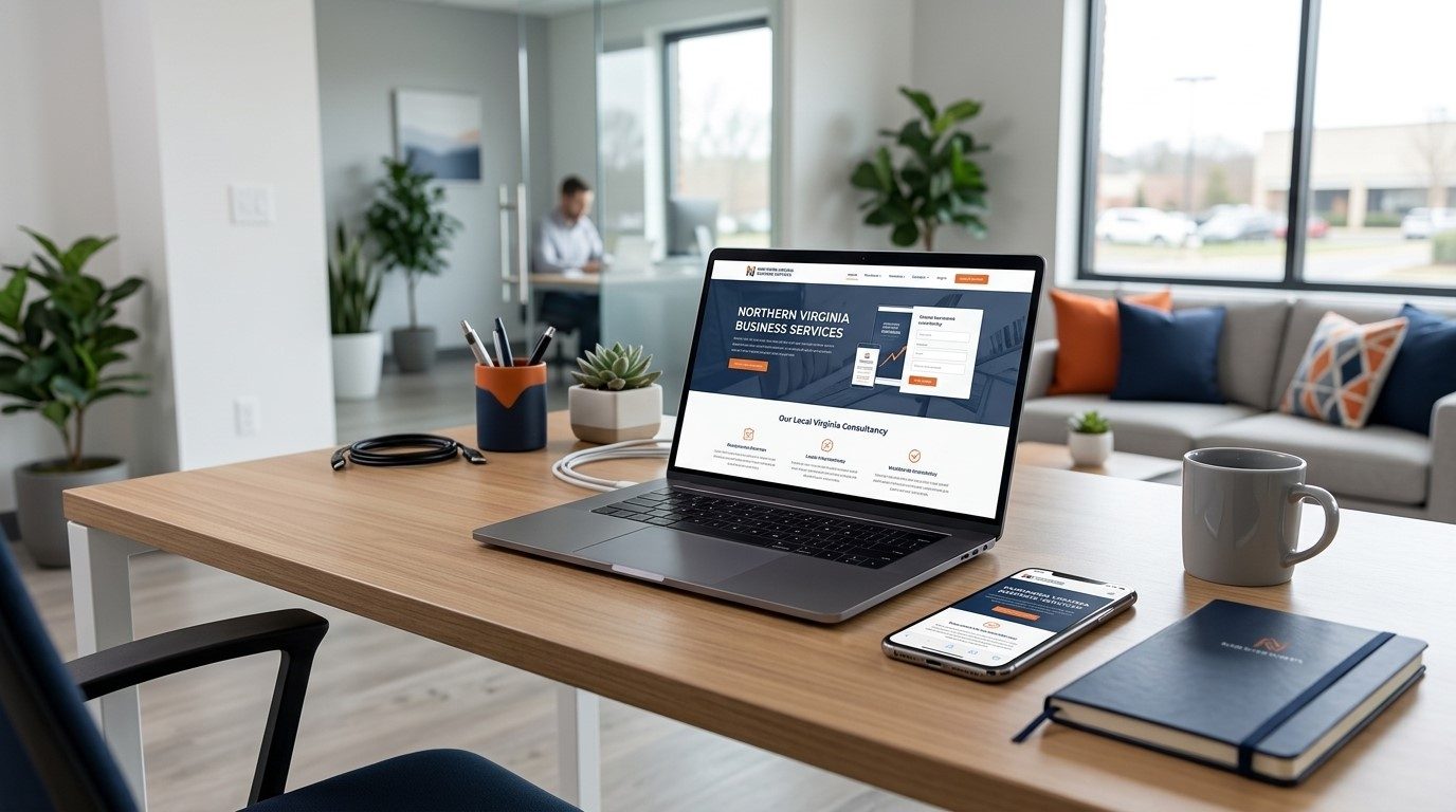 A laptop on a small-business desk displaying a professional GeekABC-built website, with a smartphone beside it showing the mobile version.