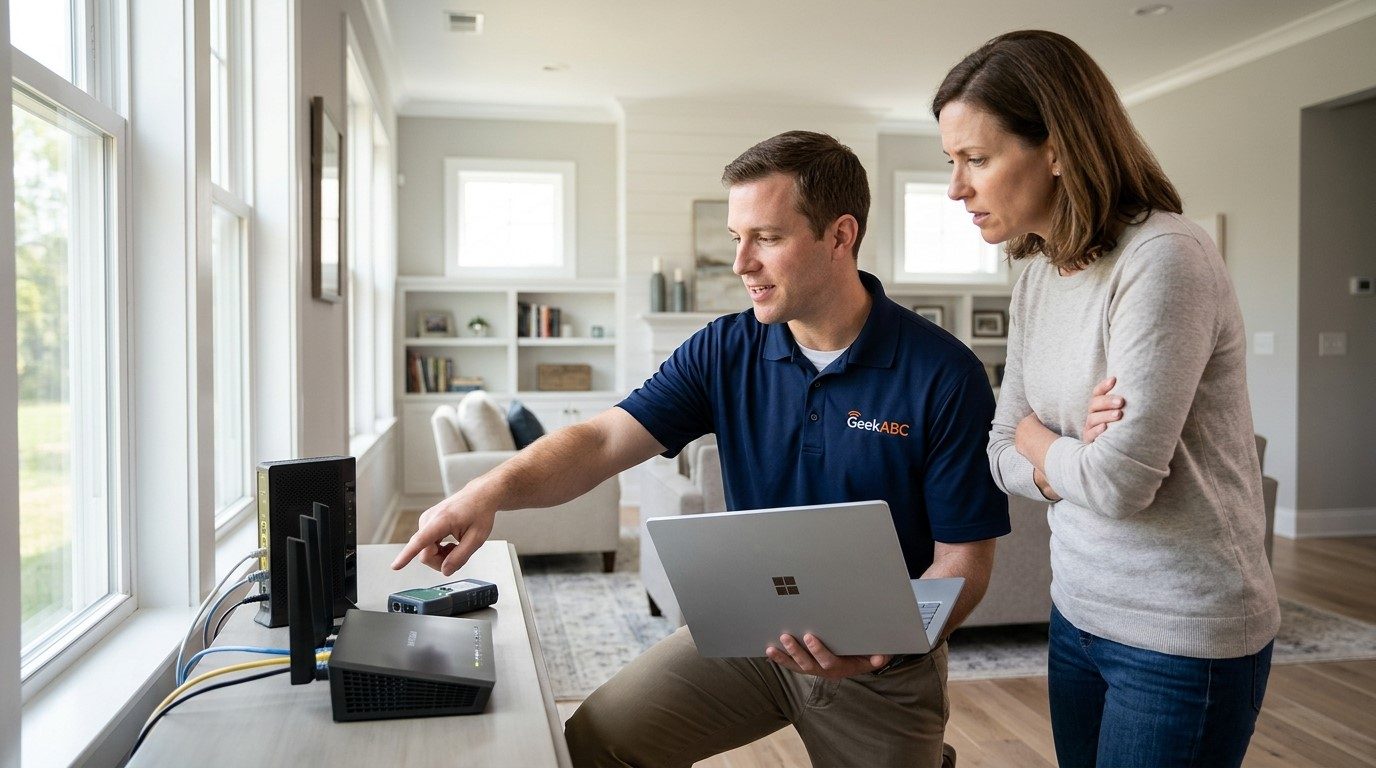 A GeekABC technician setting up a router and network equipment in a customer's living room while the homeowners look on.